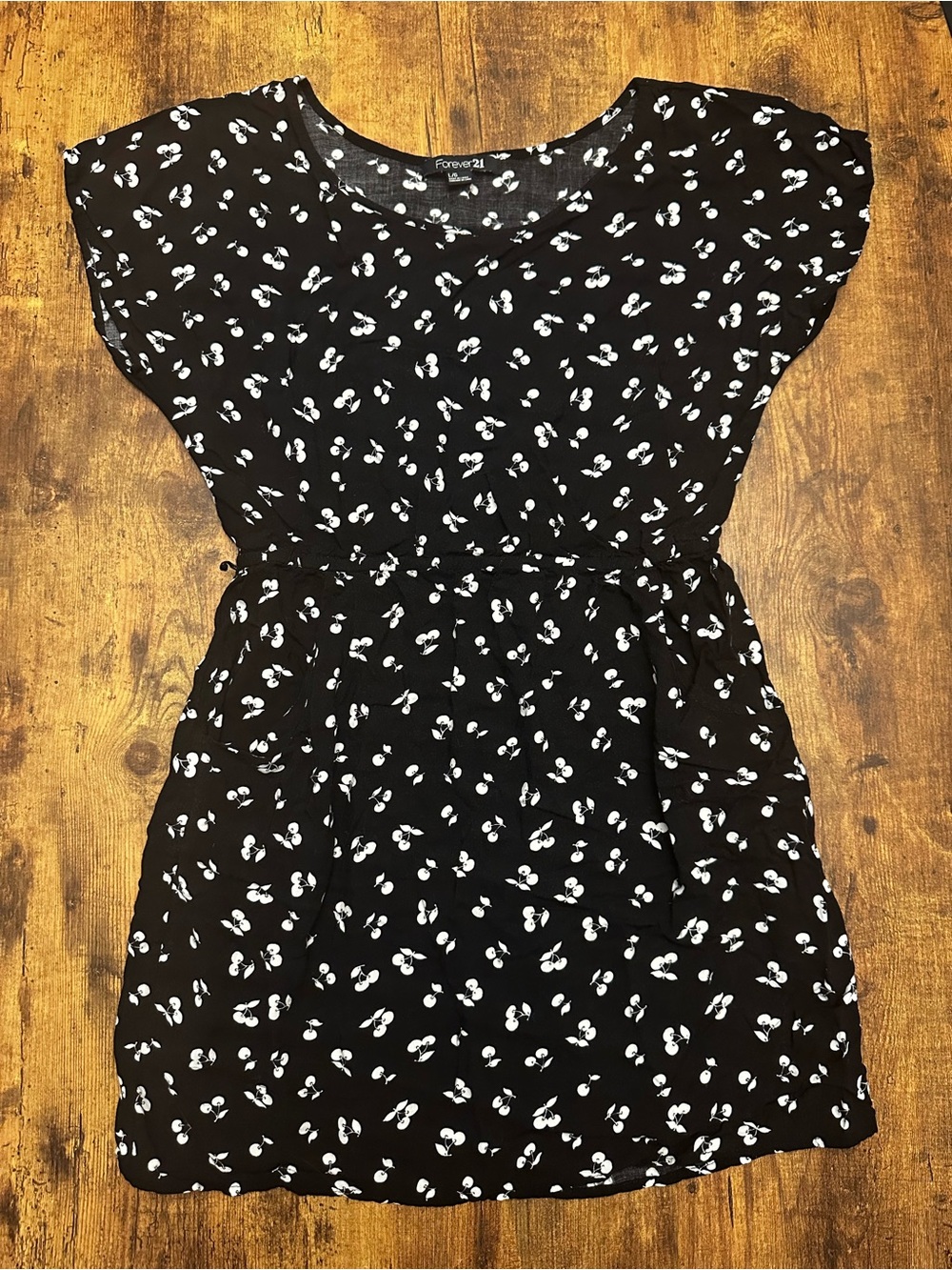 Forever 21 Black Midi Dress with White Cherry Print